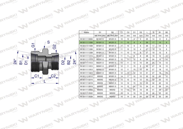 Złączka hydrauliczna redukcyjna metryczna BB M16x1.5 10L / M12x1.5 06L (XG) Waryński 2