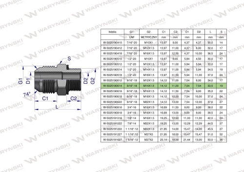 Przyłączka hydrauliczna BB 9/16"UNF (JIC) x M14x1.5 (XGE) Waryński 2