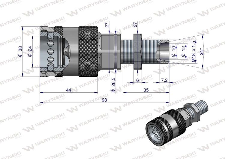 Szybkozłącze hydrauliczne gniazdo long z eliminatorem ciśnienia M18x1.5 gwint zew. EURO PUSH-PULL (9100818GL) (ISO 7241-A) Waryński 2