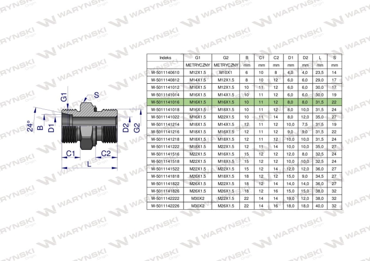 Przyłączka hydrauliczna metryczna BB (XGE) M16x1.5 10L x M16x1.5 ED Waryński 3
