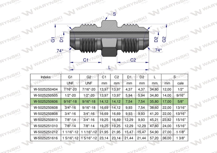 Złączka hydrauliczna calowa BB 9/16" UNF (JIC) Waryński 4