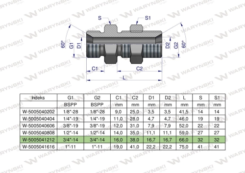 Złączka hydrauliczna calowa grodziowa BB 3/4" BSP z przeciwnakrętką (XSV) Waryński 2