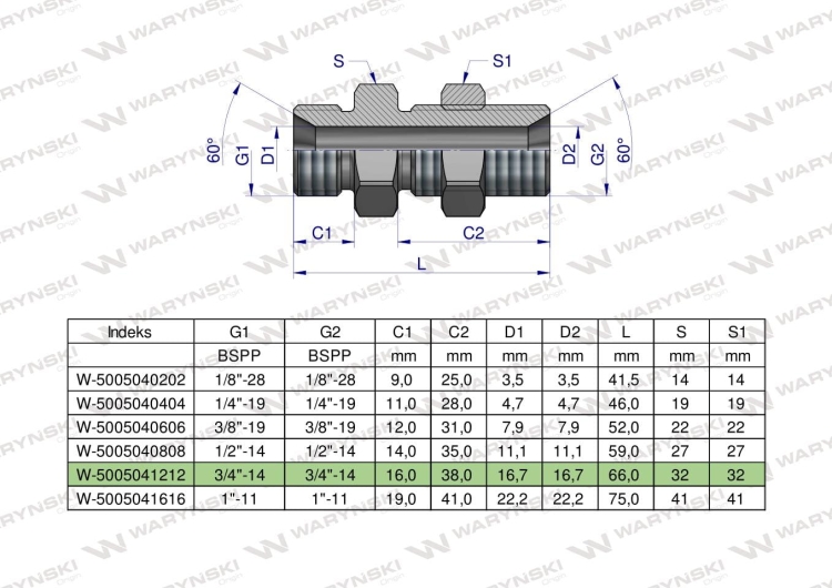 Złączka hydrauliczna calowa grodziowa BB 3/4" BSP z przeciwnakrętką (XSV) Waryński 2