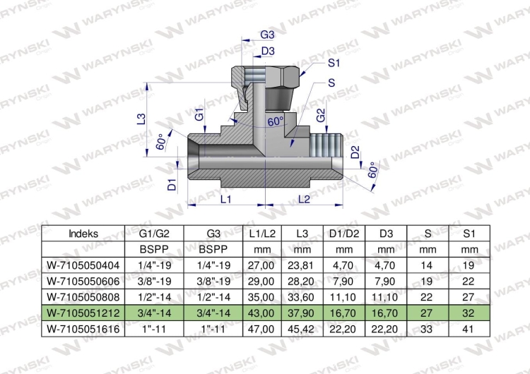 Trójnik hydrauliczny symetryczny calowy BAB 3/4" BSP (XEVT) Waryński 2