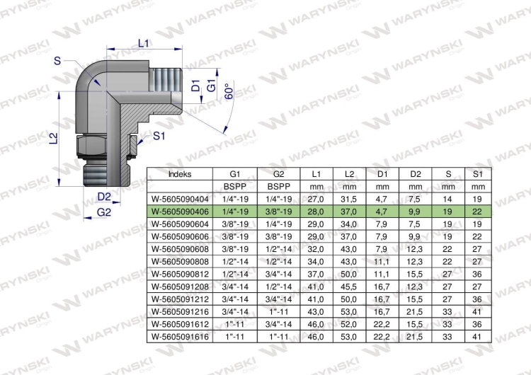Kolanko hydrauliczne nastawne calowe BB 1/4" x 3/8" BSP z regulacją Waryński 4