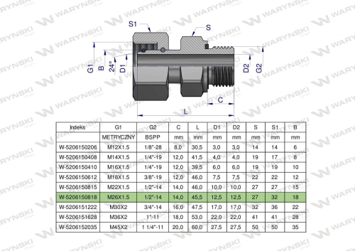 Przyłączka hydrauliczna AB (EVGE) M26x1.5 18L x 1/2" BSP ED Waryński 2