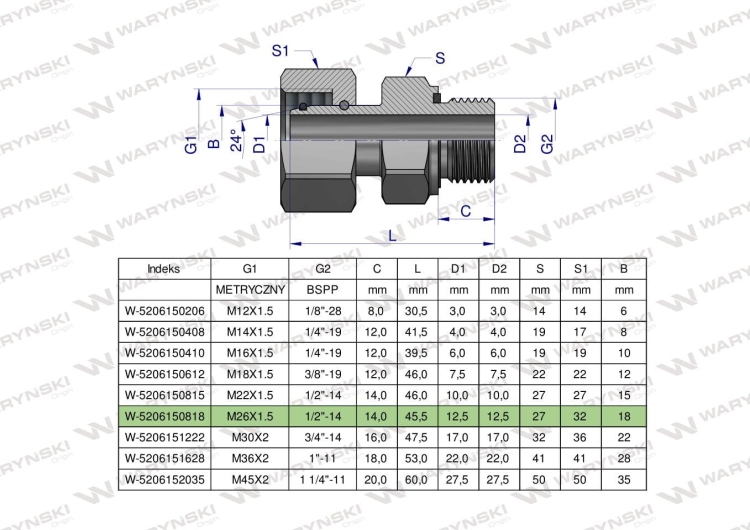 Przyłączka hydrauliczna AB (EVGE) M26x1.5 18L x 1/2" BSP ED Waryński 2