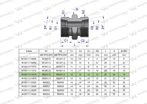 Złączka hydrauliczna metryczna BB M22x1.5 15L (XG) Waryński  2