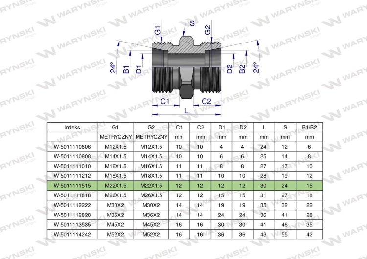 Złączka hydrauliczna metryczna BB M22x1.5 15L (XG) Waryński  2