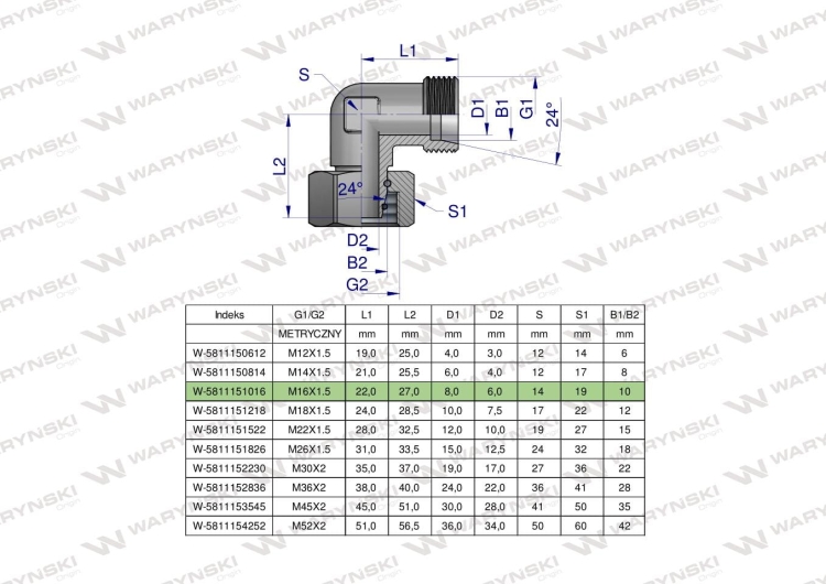 Kolanko hydrauliczne metryczne AB M16x1.5 10L (XEVW) Waryński 2