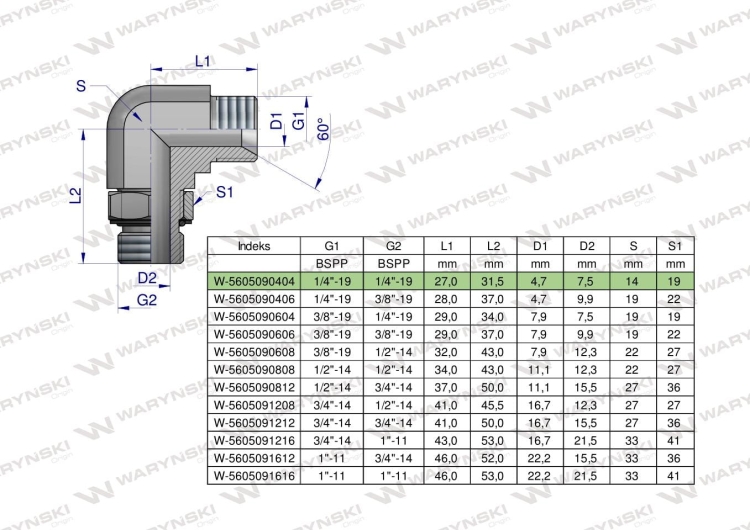 Kolanko hydrauliczne nastawne calowe BB 1/4" x 1/4" BSP z regulacją Waryński 2