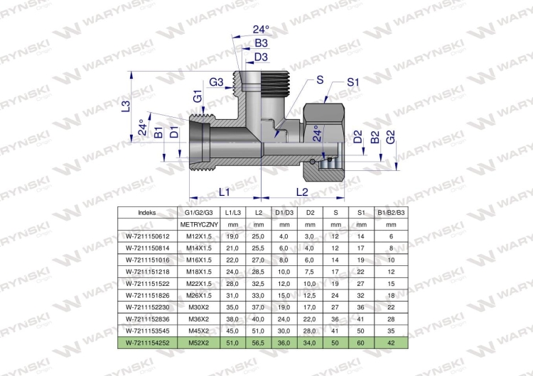 Trójnik hydrauliczny niesymetryczny metryczny BBA M52x4 42L (XEVL) Waryński  3