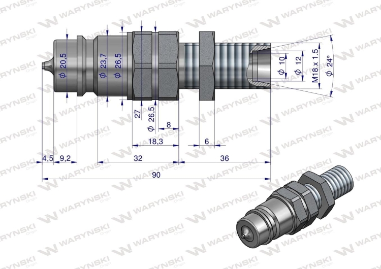 Szybkozłącze hydrauliczne wtyczka long z eliminatorem ciśnienia M18x1.5 gwint zew. EURO (9100818W) (ISO 7241-A) Waryński  4