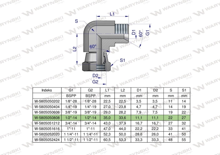 Kolanko hydrauliczne calowe AB 1/2" BSP Waryński 2