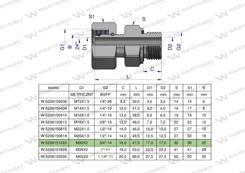 Przyłączka hydrauliczna AB (EVGE) M30x2 22L x 3/4" BSP ED Waryński 2