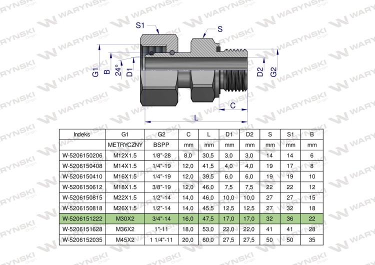 Przyłączka hydrauliczna AB (EVGE) M30x2 22L x 3/4" BSP ED Waryński 2