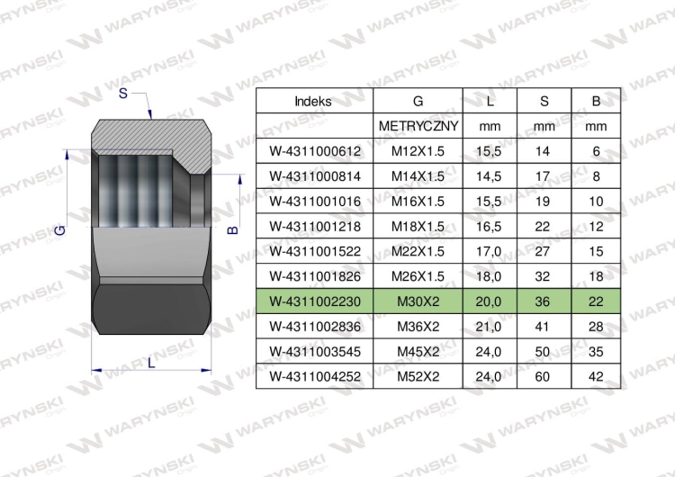 Nakrętka hydrauliczna metryczna (M22L) M30x2 22L Waryński 2