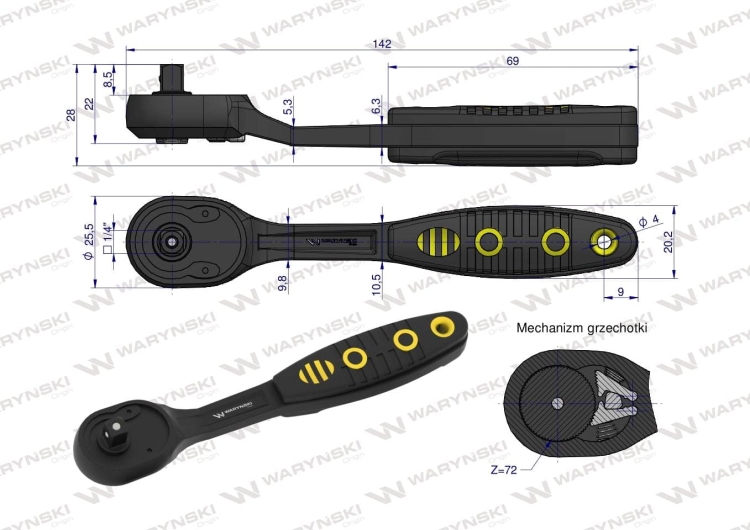 Grzechotka 1/4" 72T odgięta Waryński 4