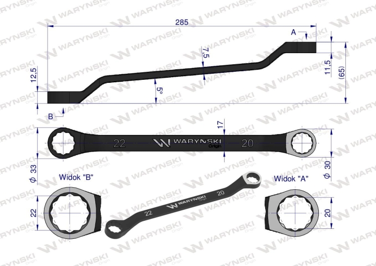 Klucz oczkowy odsadzony 20 x 22 mm CrV standard ASME B107.9 Waryński 2