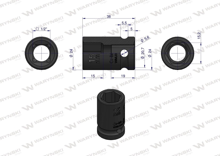 Nasadka udarowa sześciokątna 1/2" 15 mm CrMo DIN 3129 Waryński 3