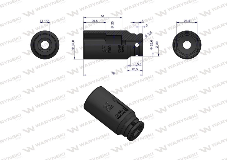 Nasadka udarowa sześciokątna długa 1/2" 27 mm CrMo DIN 3129 Waryński 3