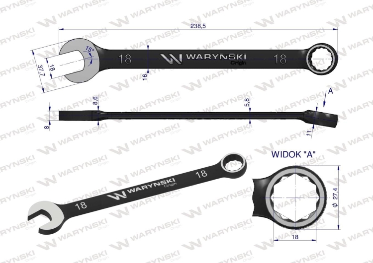 Klucz płasko-oczkowy 18 mm CrV standard ASME B107-2010 Waryński 2