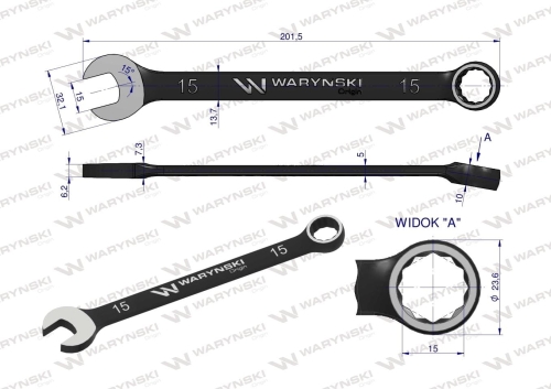 Klucz płasko-oczkowy 15 mm. CrV standard ASME B107-2010 Waryński 2