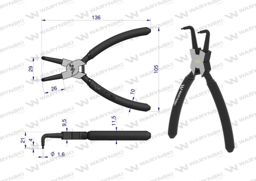 Szczypce do pierścieni osadczych 150 mm wewnętrzne wygięte Waryński 2