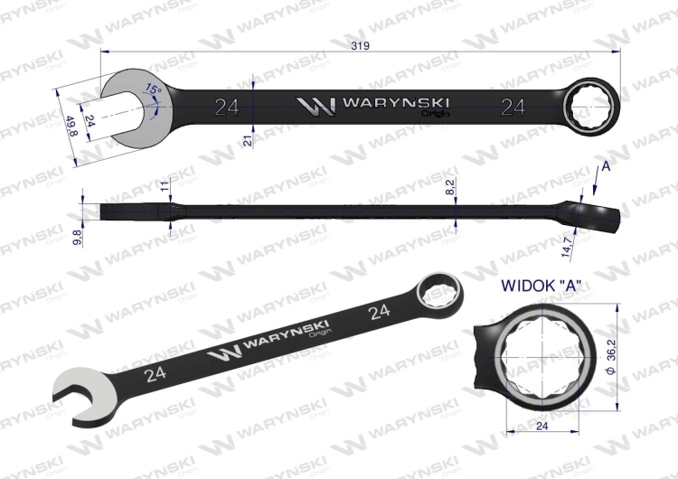 Klucz płasko-oczkowy 24 mm CrV standard ASME B107-2010 Waryński 2