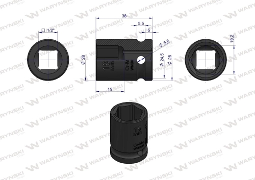 Nasadka udarowa sześciokątna 1/2" 19 mm CrMo DIN 3129 Waryński 2