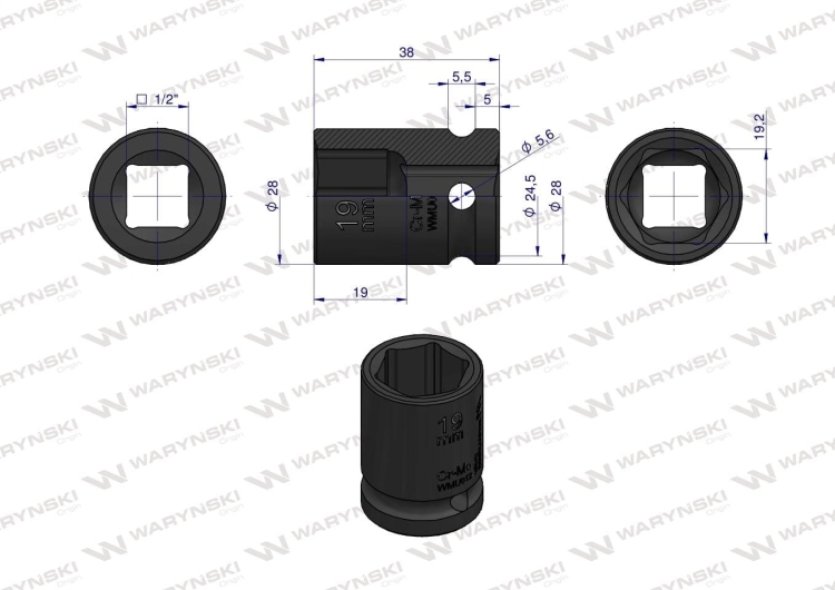 Nasadka udarowa sześciokątna 1/2" 19 mm CrMo DIN 3129 Waryński 2