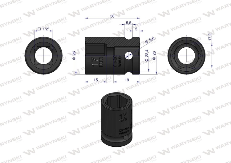 Nasadka udarowa sześciokątna 1/2" 17 mm CrMo DIN 3129 Waryński 2