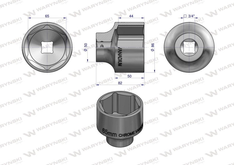 Nasadka sześciokątna 3/4" 65 mm CrV50BV30 DIN 3124 Waryński 2