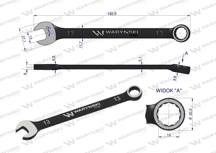 Klucz płasko-oczkowy 13 mm CrV standard ASME B107-2010 Waryński 2