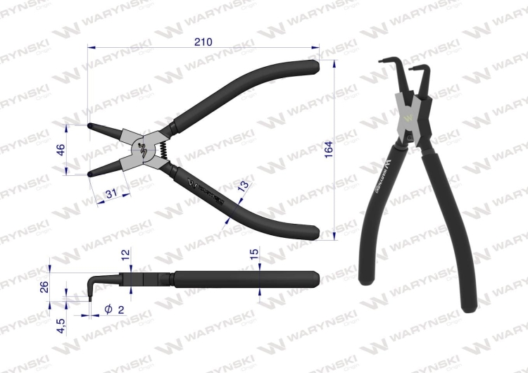 Szczypce do pierścieni osadczych 240 mm wewnętrzne wygięte Waryński  2