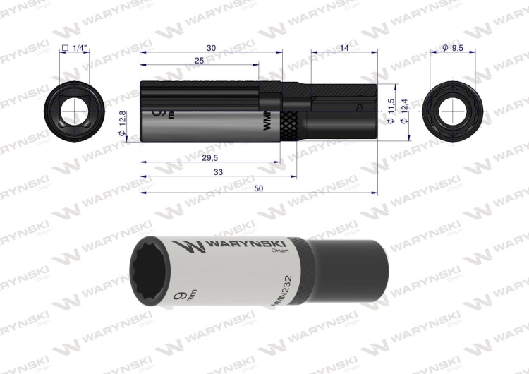 Nasadka dwunastokątna 1/4" 9 mm długa CrV50BV30 DIN 3124 Waryński 2