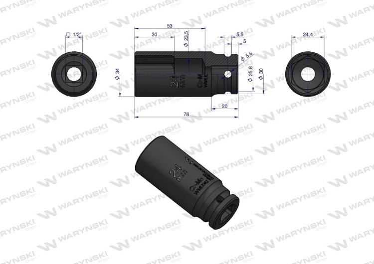 Nasadka udarowa sześciokątna długa 1/2" 24 mm CrMo DIN 3129 Waryński 3