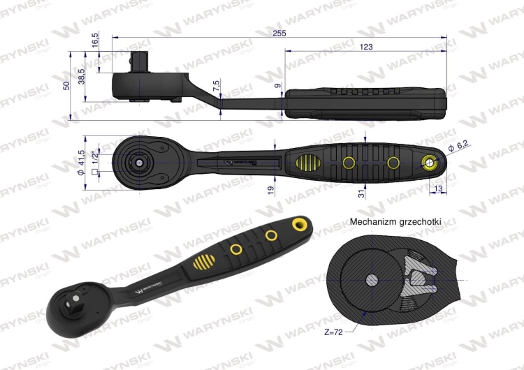 Grzechotka 1/2" 72 T odgięta Waryński 2