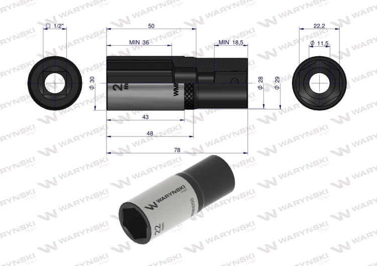 Nasadka sześciokątna 1/2" 22 mm długa CrV50BV30 DIN 3124 Waryński 3