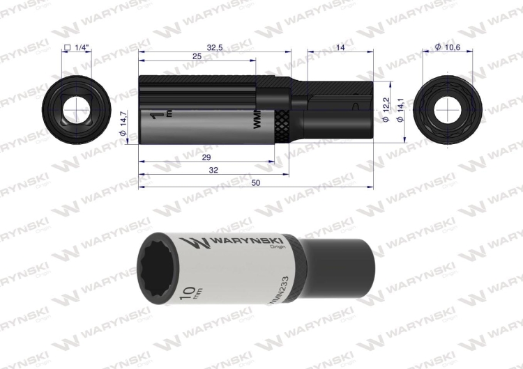 Nasadka dwunastokątna 1/4" 10 mm długa CrV50BV30 DIN 3124 Waryński 3