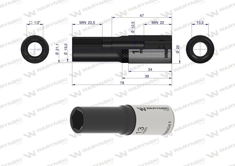 Nasadka sześciokątna 1/2" 13 mm długa CrV50BV30 DIN 3124 Waryński 4