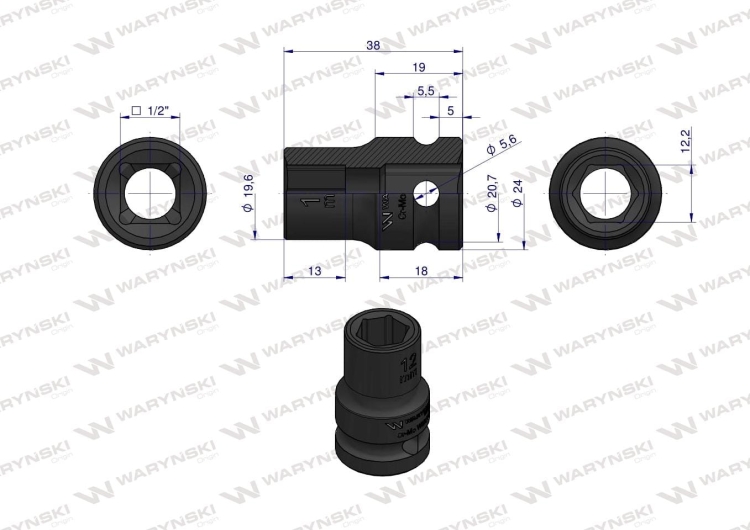 Nasadka udarowa sześciokątna 1/2" 12 mm CrMo DIN 3129 Waryński 3