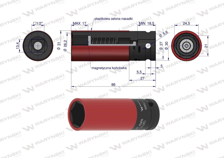 Nasadka udarowa 1/2 z magnesem do felg aluminiowych 21mm Waryński 3