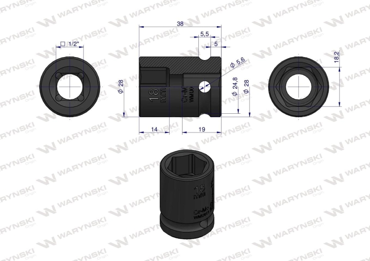 Nasadka udarowa sześciokątna 1/2" 18 mm CrMo DIN 3129 Waryński 3