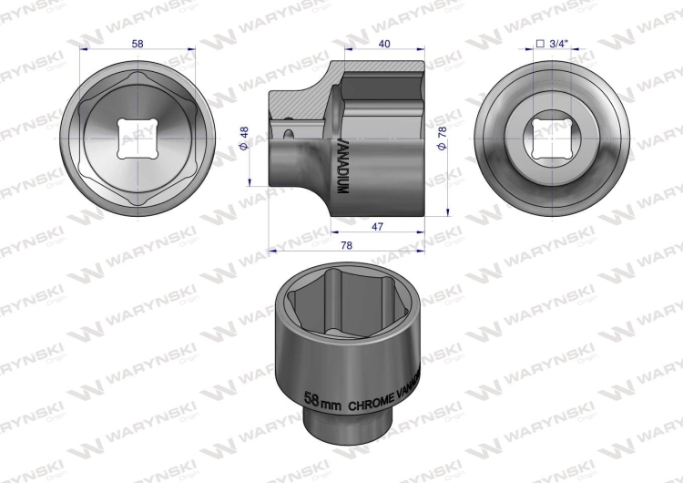 Nasadka sześciokątna 3/4" 58 mm CrV50BV30 DIN 3124 Waryński 2