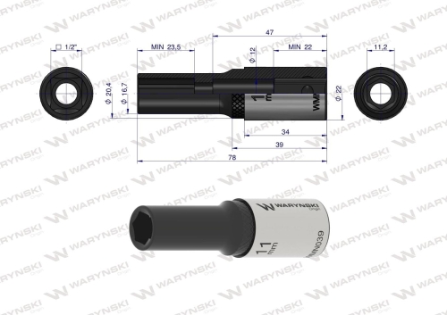 Nasadka sześciokątna 1/2" 11 mm długa CrV50BV30 DIN 3124 Waryński  2