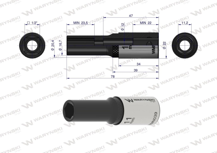 Nasadka sześciokątna 1/2" 11 mm długa CrV50BV30 DIN 3124 Waryński  2