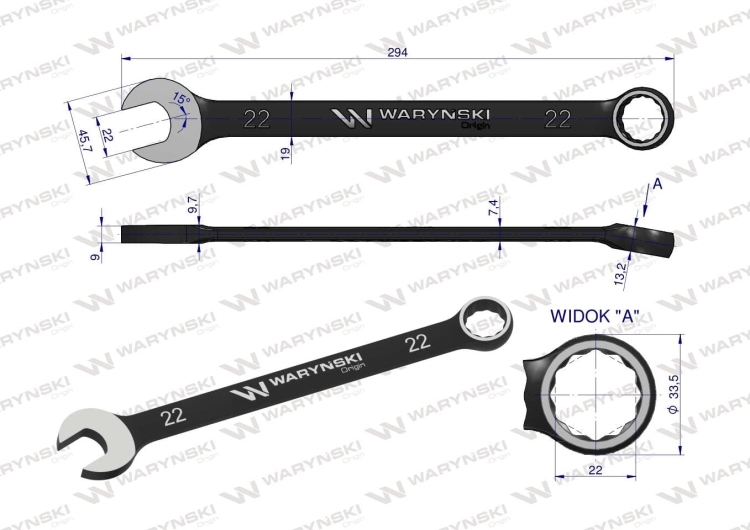 Klucz płasko-oczkowy 22 mm CrV standard ASME B107-2010 Waryński 2