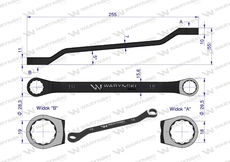 Klucz oczkowy odsadzony 18 x 19 mm CrV standard ASME B107.9 Waryński 2