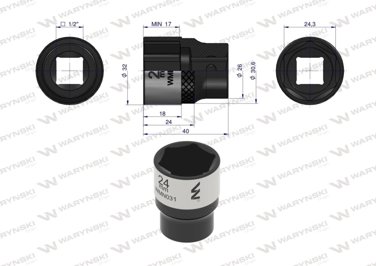 Nasadka sześciokątna 1/2" 24 mm CrV50BV30 DIN 3124 Waryński  2